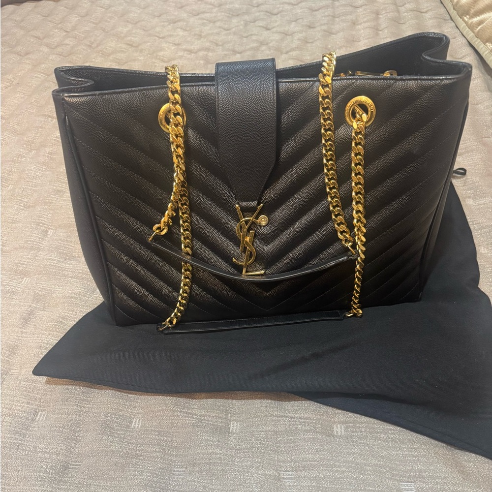 Saint Laurent Black Quilted Leather Tote with Gold Chain Straps
